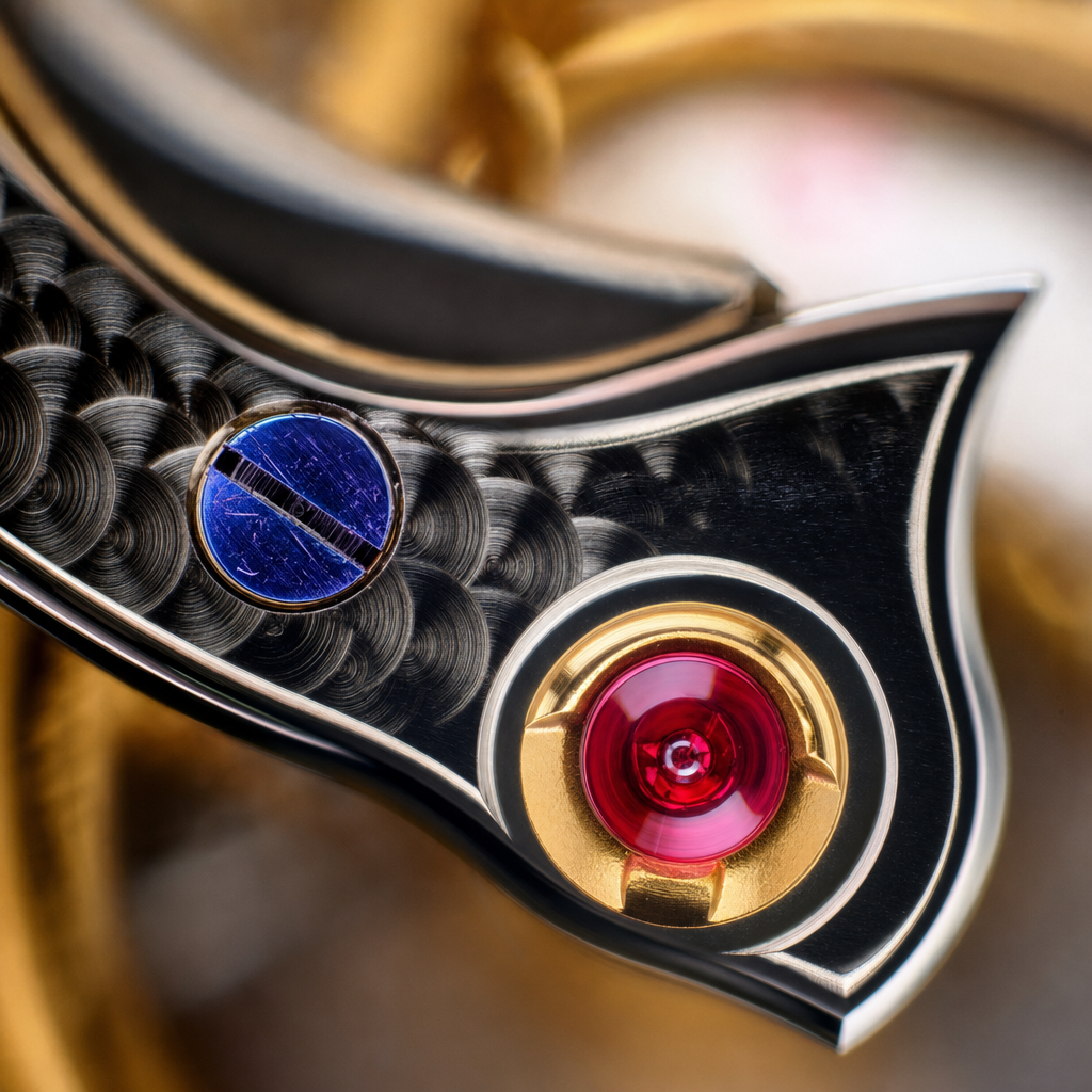 Macro of a heat-blued screw and glowing ruby jewel on a hand-finished bridge of the Æther Squelette