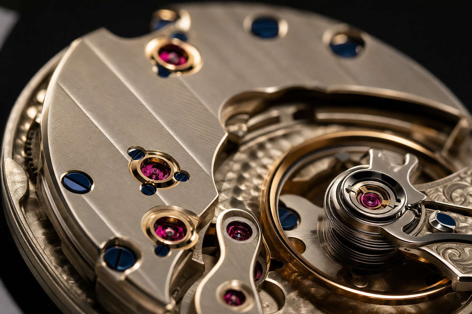 Macro photograph of the Calibre Æther movement — Geneva stripes, ruby jewels in gold chatons, blued screws