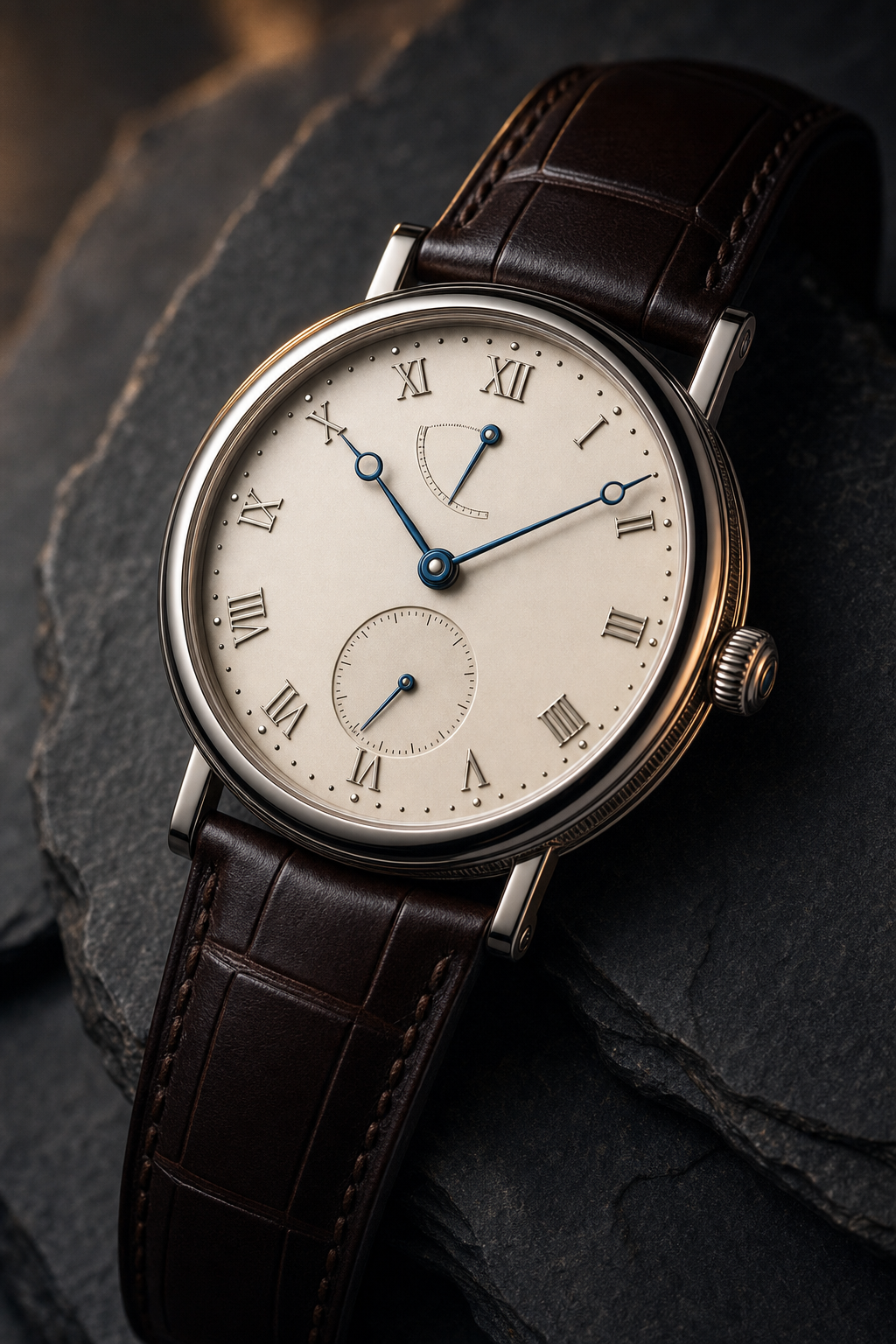 Hæderus Æther Ultra-Plat — platinum case, porcelain enamel dial, blued Breguet hands on dark alligator